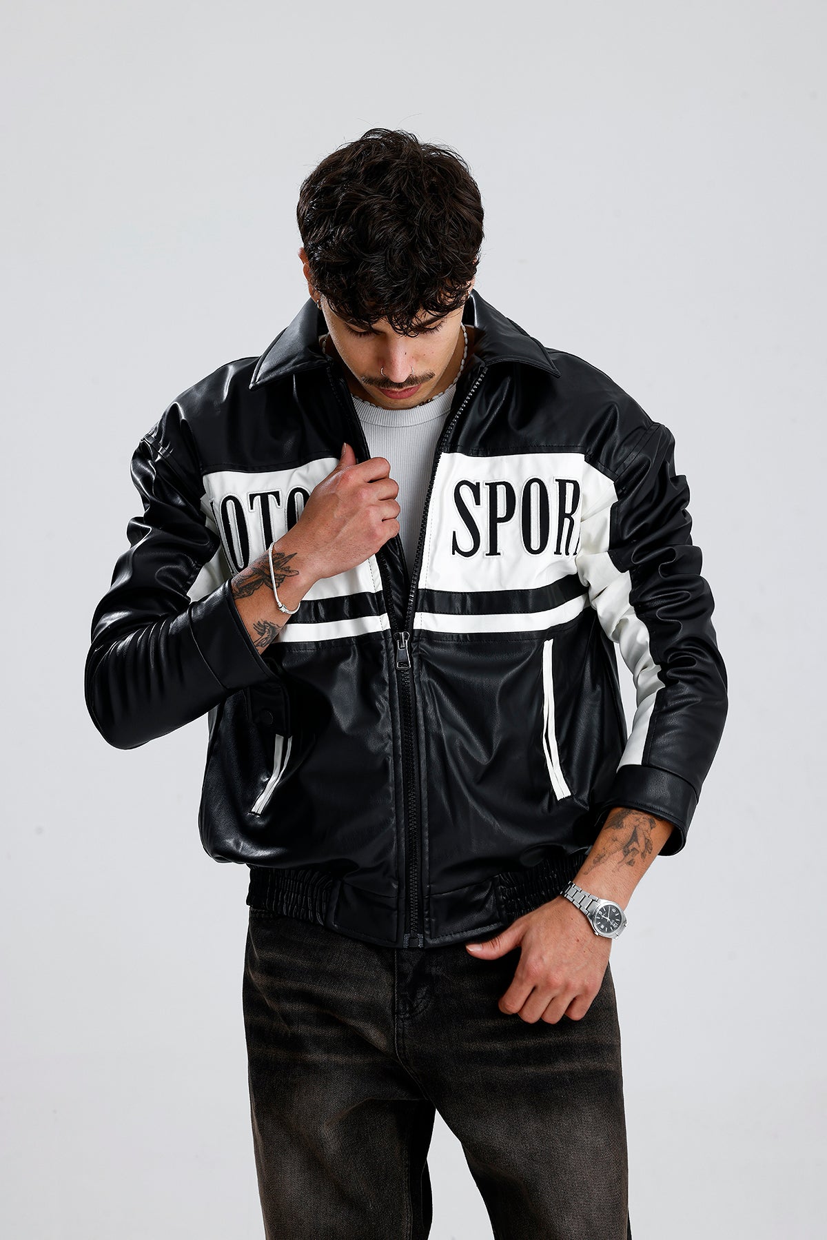 MOTOR SPORT Detay Oversize Siyah Deri Ceket