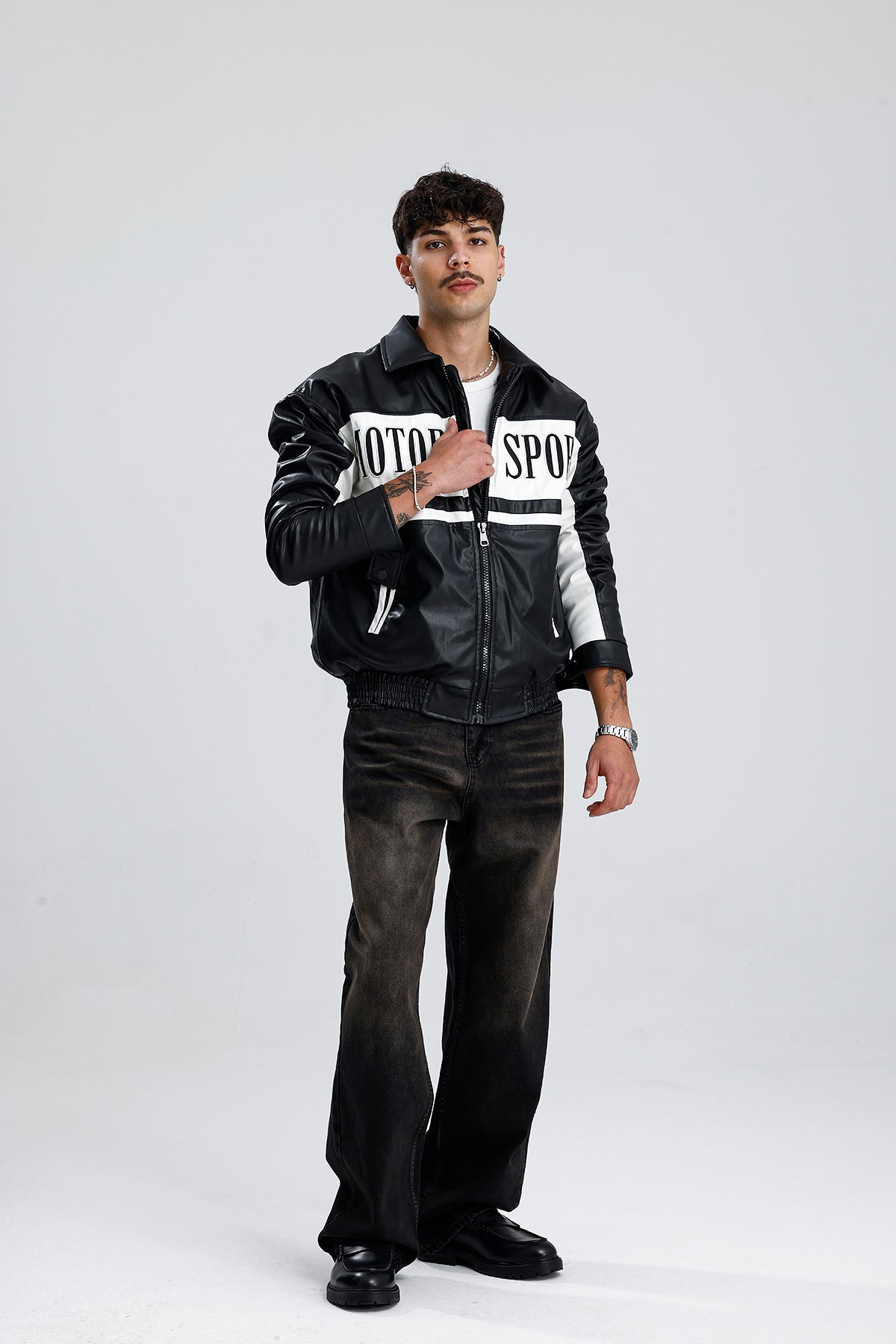 MOTOR SPORT Detay Oversize Siyah Deri Ceket