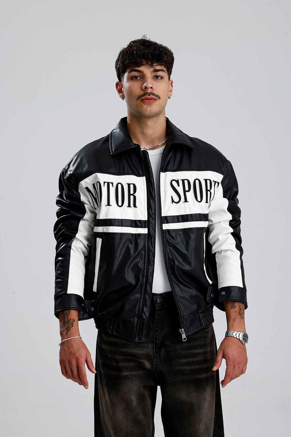 MOTOR SPORT Detay Oversize Siyah Deri Ceket