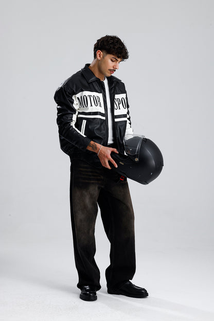 MOTOR SPORT Detay Oversize Siyah Deri Ceket