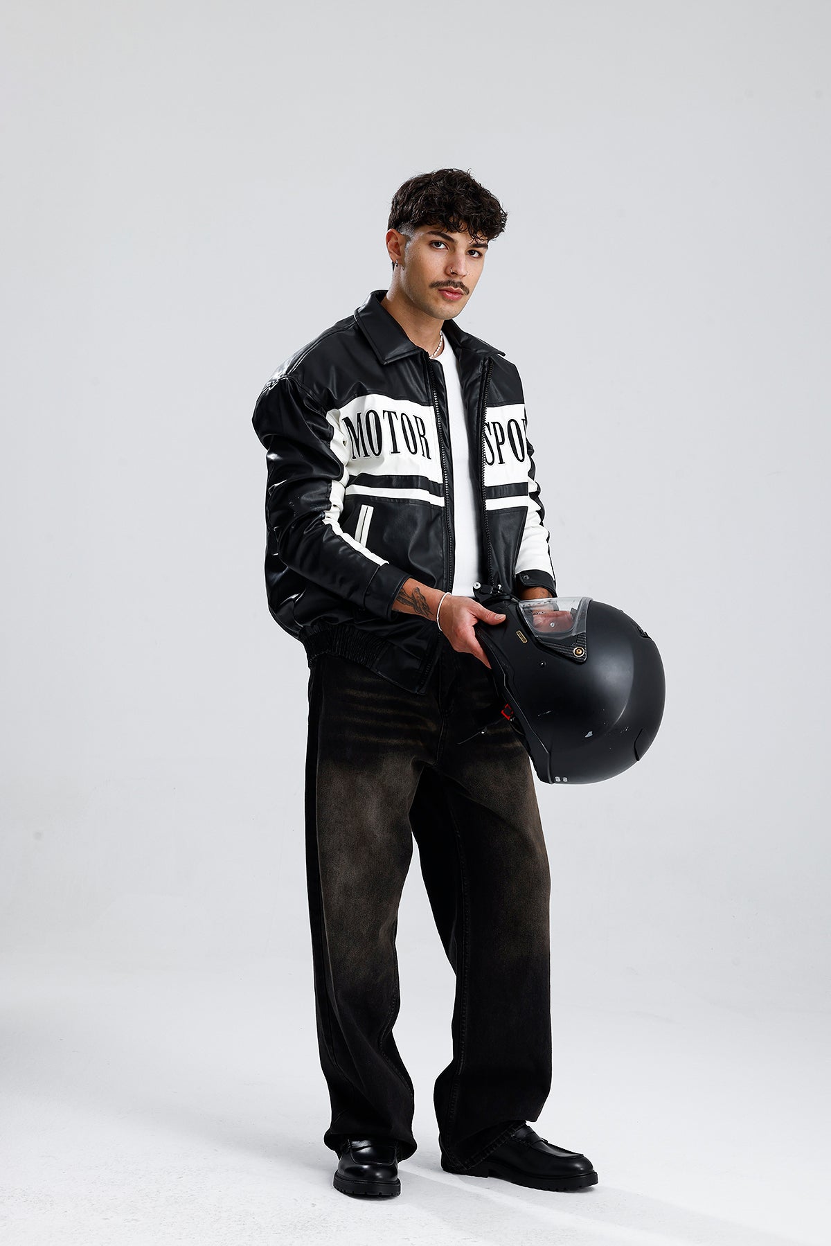 MOTOR SPORT Detay Oversize Siyah Deri Ceket