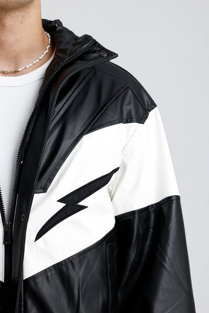 Şimşek Desen Oversize Siyah Deri Ceket
