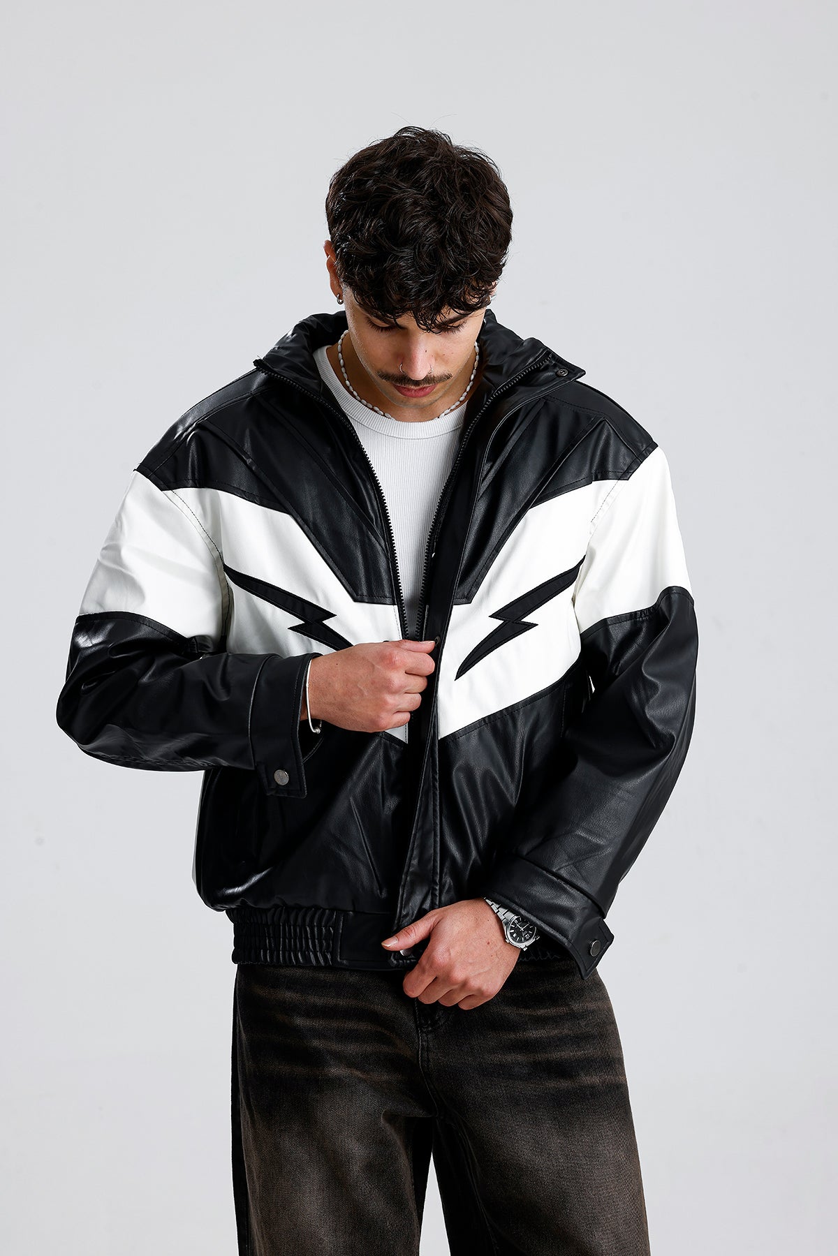 Şimşek Desen Oversize Siyah Deri Ceket