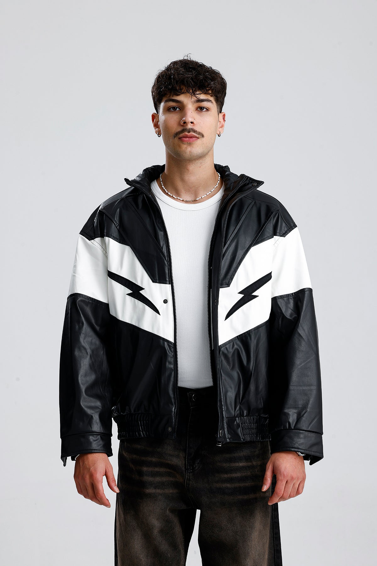 Şimşek Desen Oversize Siyah Deri Ceket