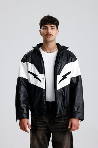 Şimşek Desen Oversize Siyah Deri Ceket