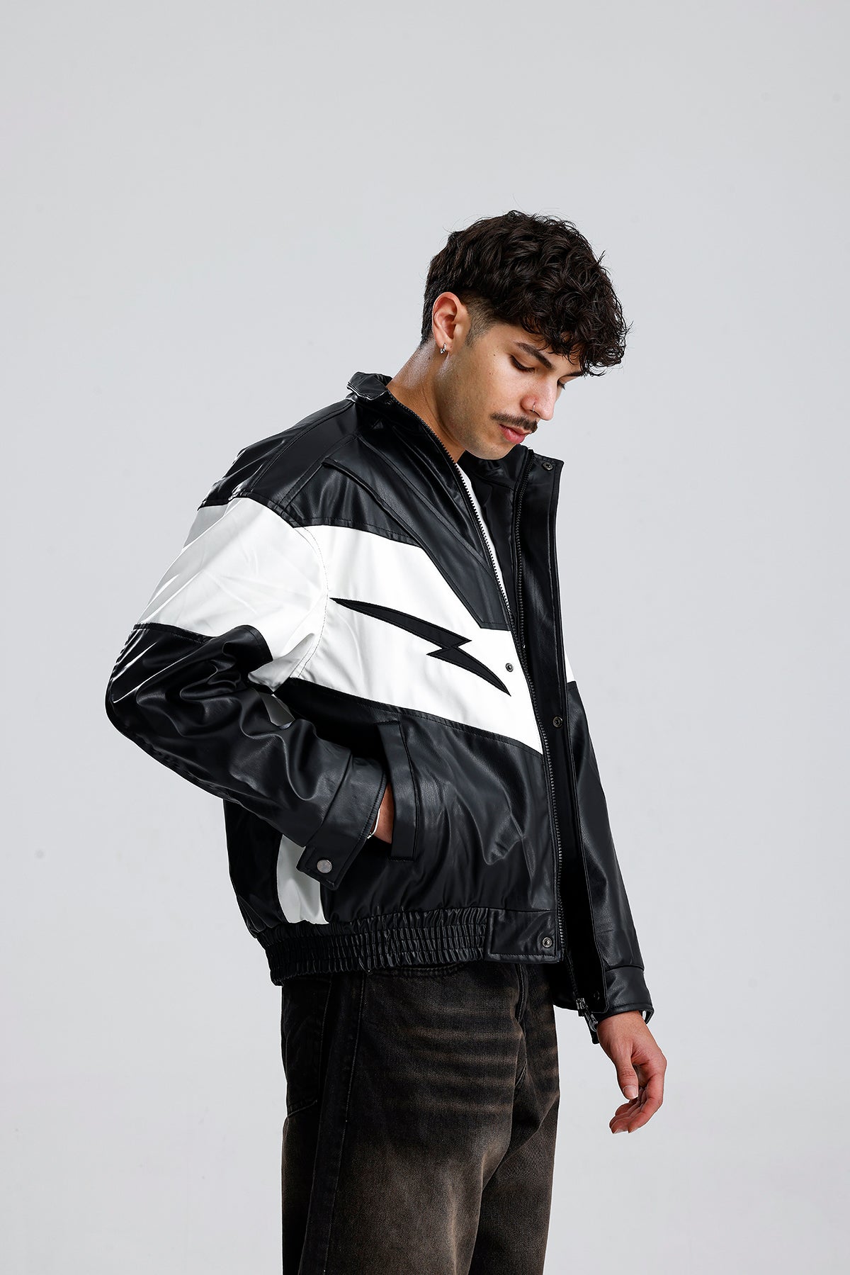 Şimşek Desen Oversize Siyah Deri Ceket