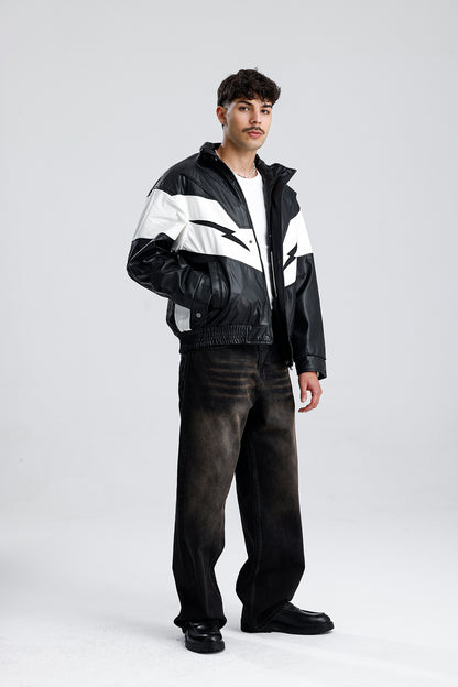 Şimşek Desen Oversize Siyah Deri Ceket