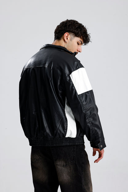 Şimşek Desen Oversize Siyah Deri Ceket