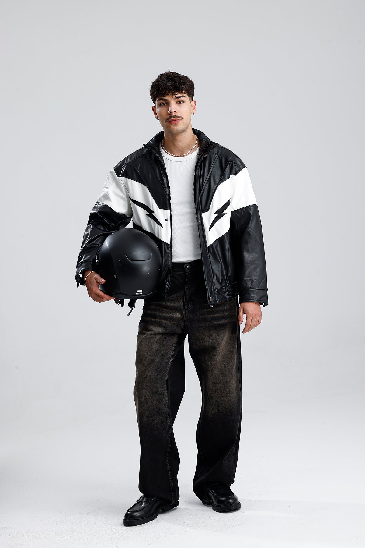 Şimşek Desen Oversize Siyah Deri Ceket