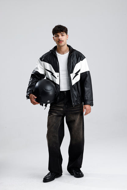 Şimşek Desen Oversize Siyah Deri Ceket