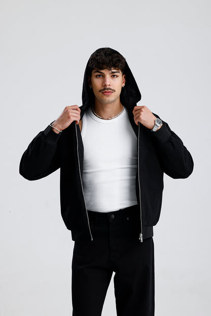 Relaxed Fit Kapüşonlu Siyah Mont