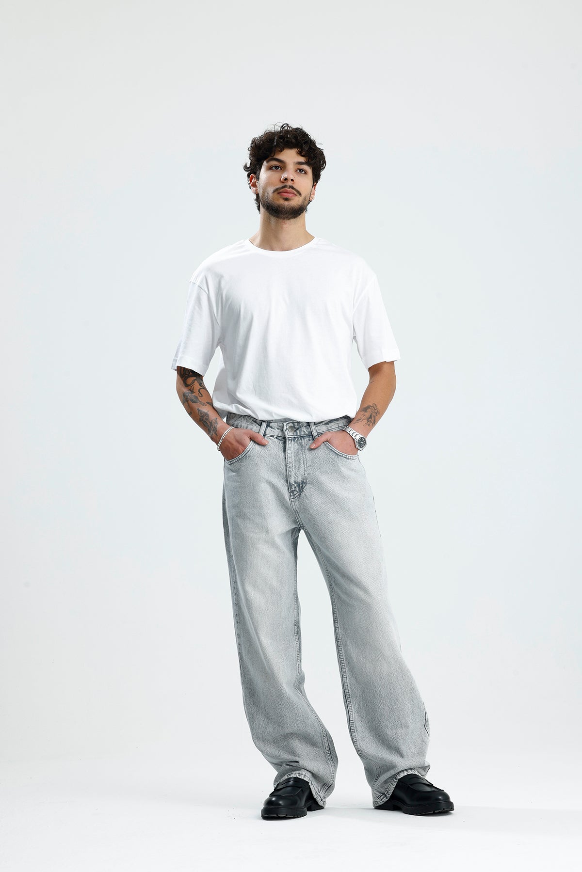 Premium Açık Gri Baggy Kot Pantolon