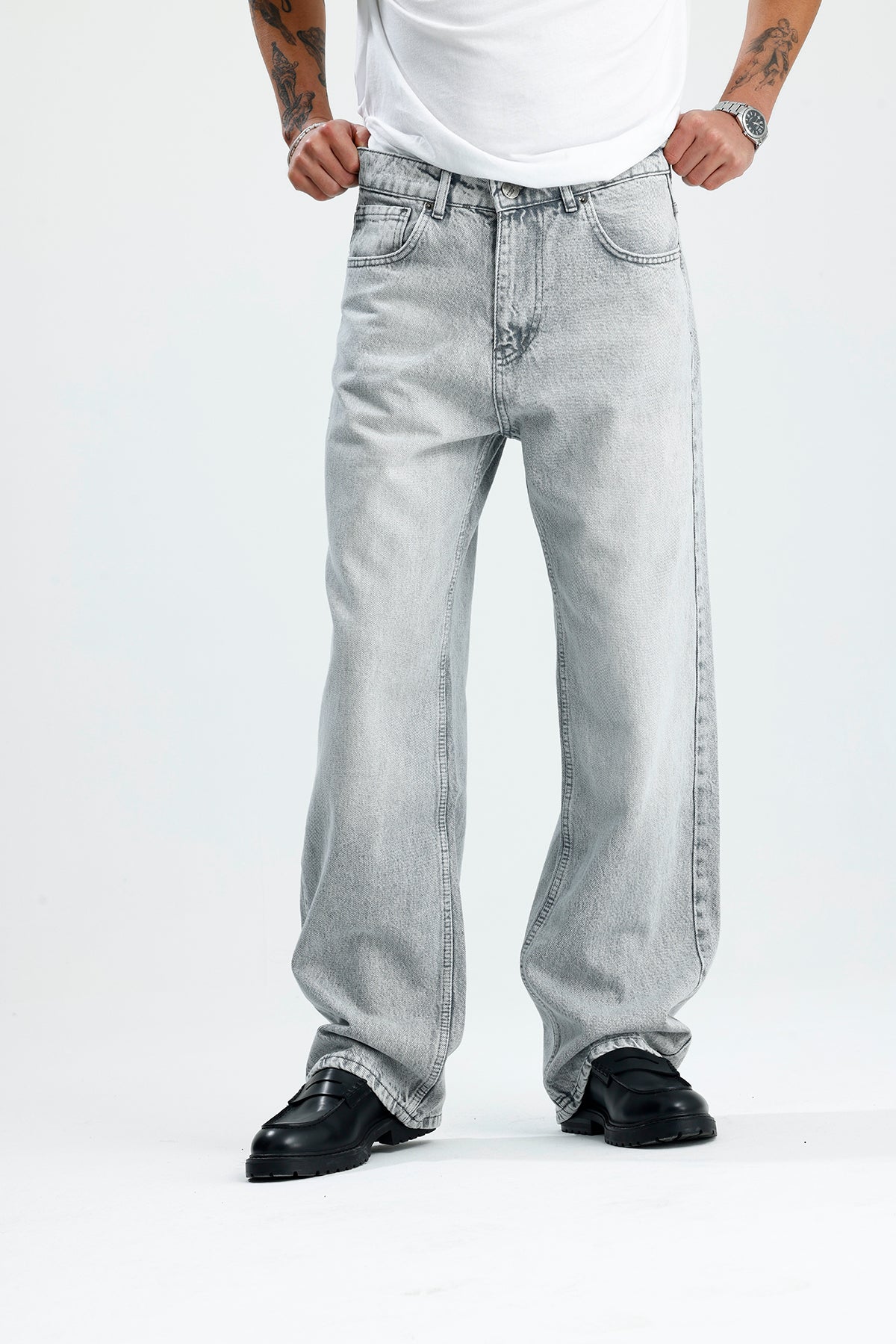 Premium Açık Gri Baggy Kot Pantolon