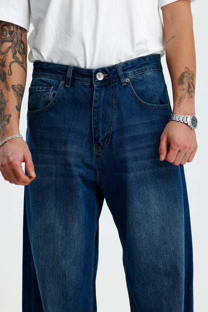 Yıkama Detay Deniz Mavisi Baggy Kot Pantolon