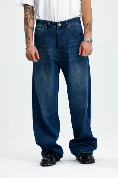 Yıkama Detay Deniz Mavisi Baggy Kot Pantolon