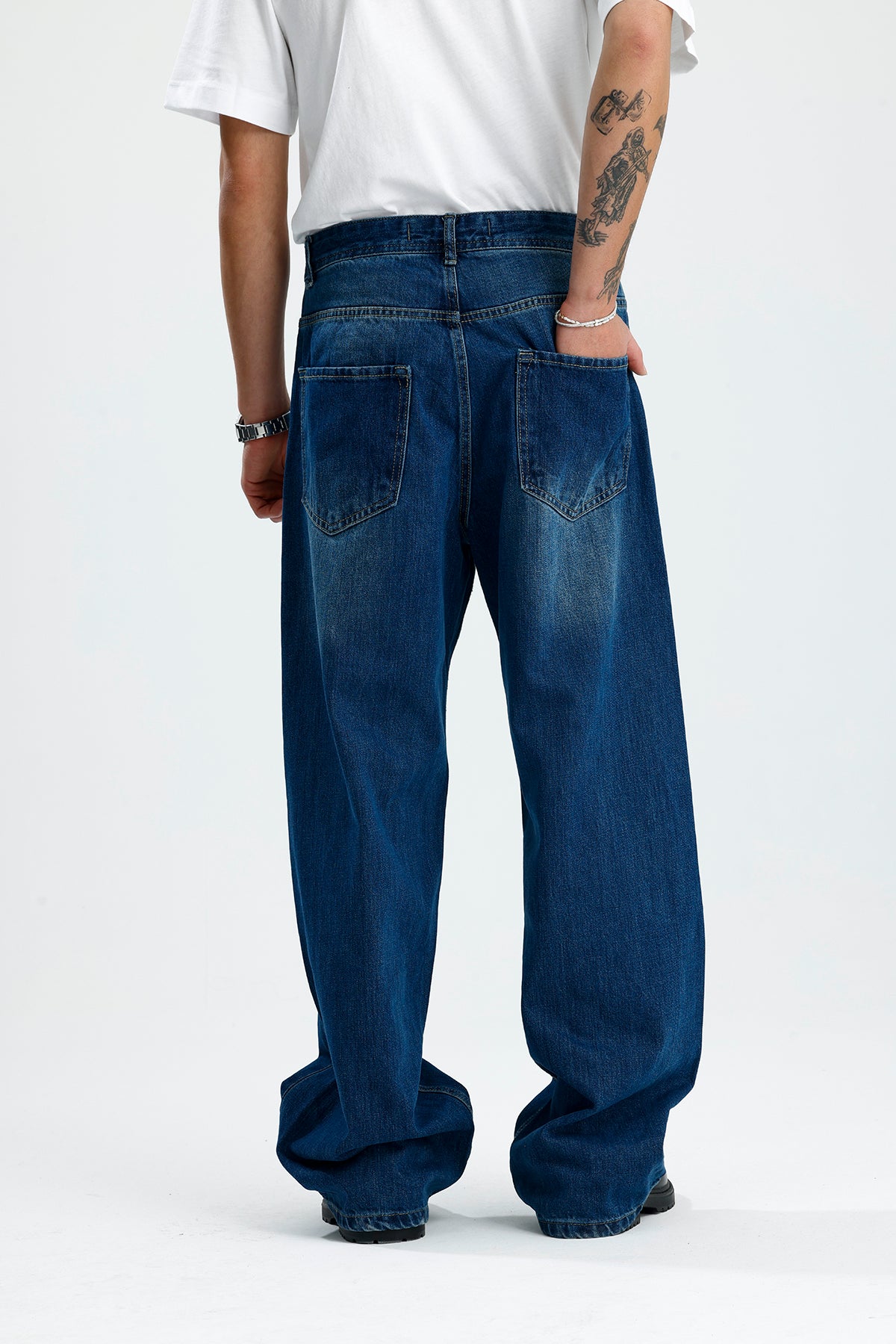 Yıkama Detay Deniz Mavisi Baggy Kot Pantolon