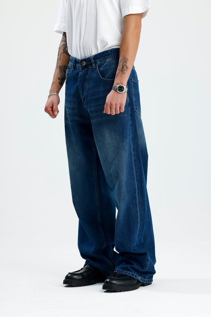 Yıkama Detay Deniz Mavisi Baggy Kot Pantolon
