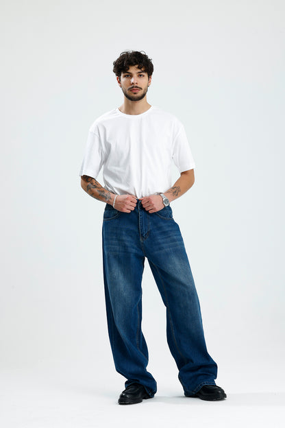 Yıkama Detay Deniz Mavisi Baggy Kot Pantolon