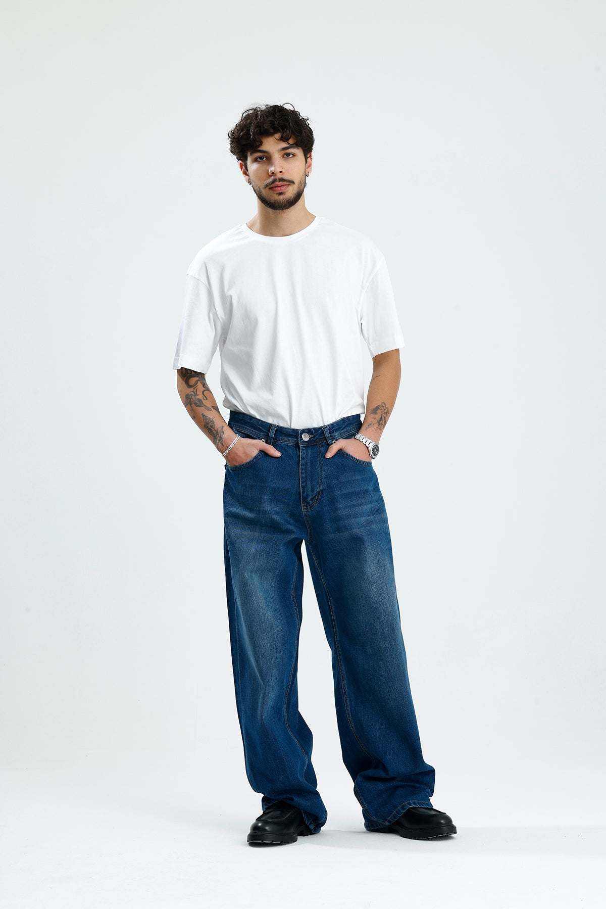 Yıkama Detay Deniz Mavisi Baggy Kot Pantolon