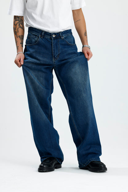 Yıkama Detay Deniz Mavisi Baggy Kot Pantolon