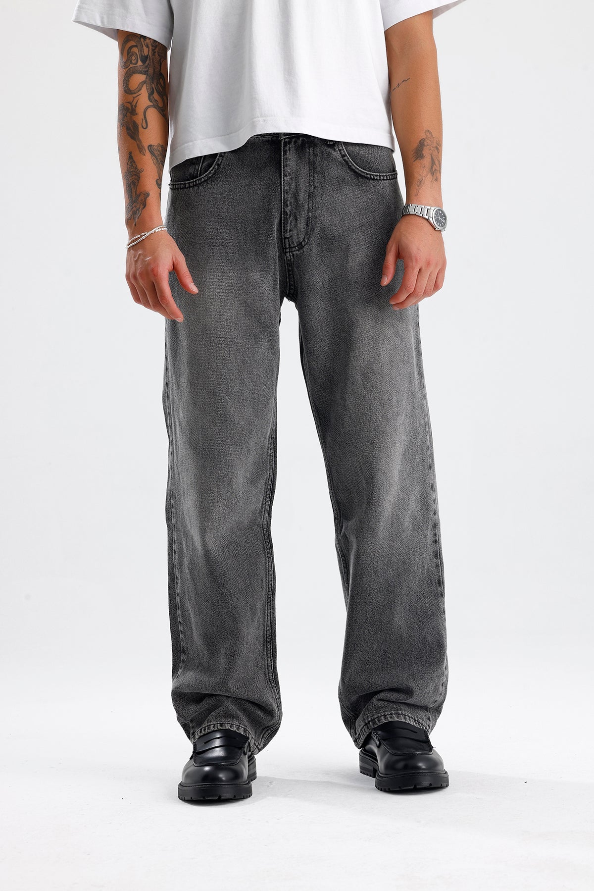 Relaxed Fit Gri Yıkama Detay Kot Pantolon