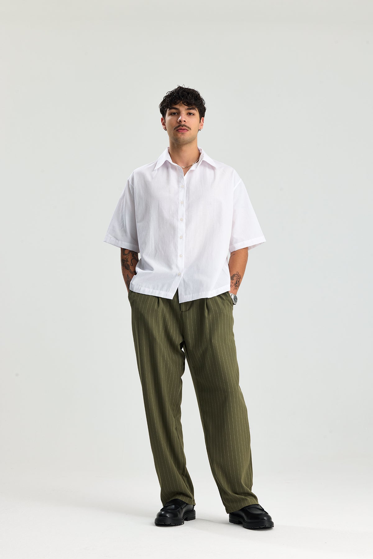 Beyaz Çizgili Baggy Fit Kumaş Pantolon