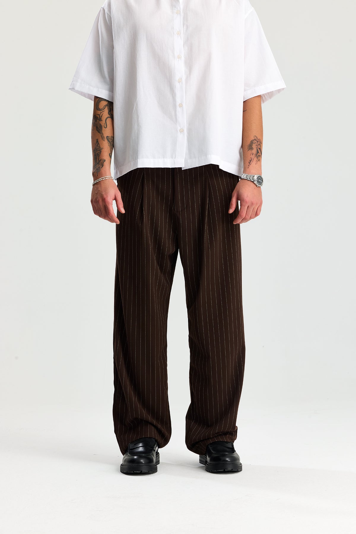 Beyaz Çizgili Baggy Fit Kumaş Pantolon