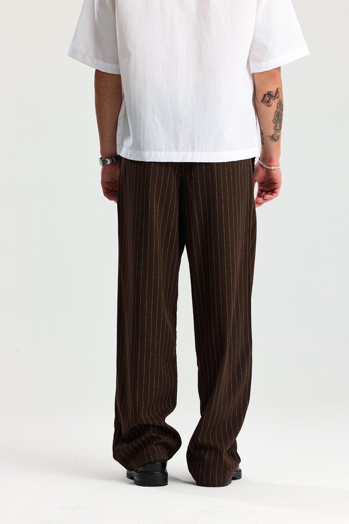 Beyaz Çizgili Baggy Fit Kumaş Pantolon