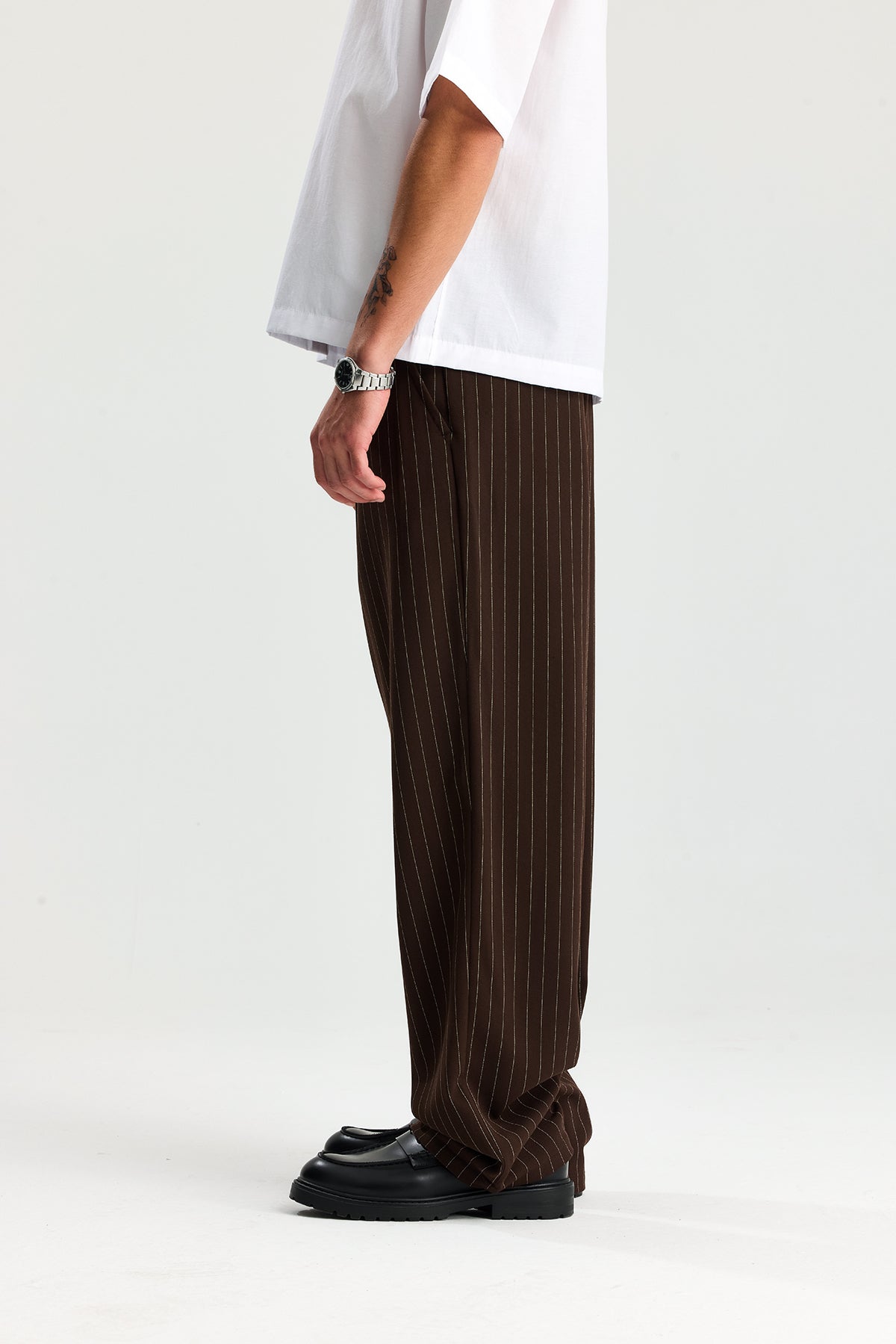 Beyaz Çizgili Baggy Fit Kumaş Pantolon