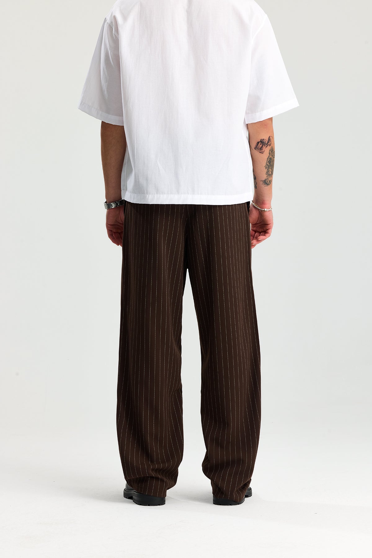 Beyaz Çizgili Baggy Fit Kumaş Pantolon