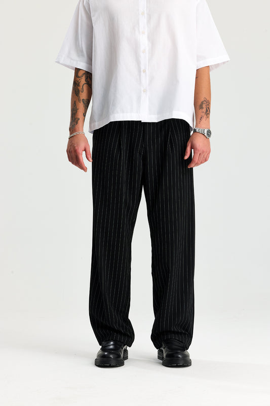 Beyaz Çizgili Baggy Fit Kumaş Pantolon