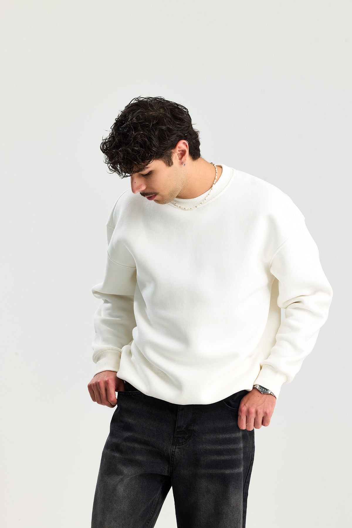 Basic Bisiklet Yaka Oversize Sweatshirt