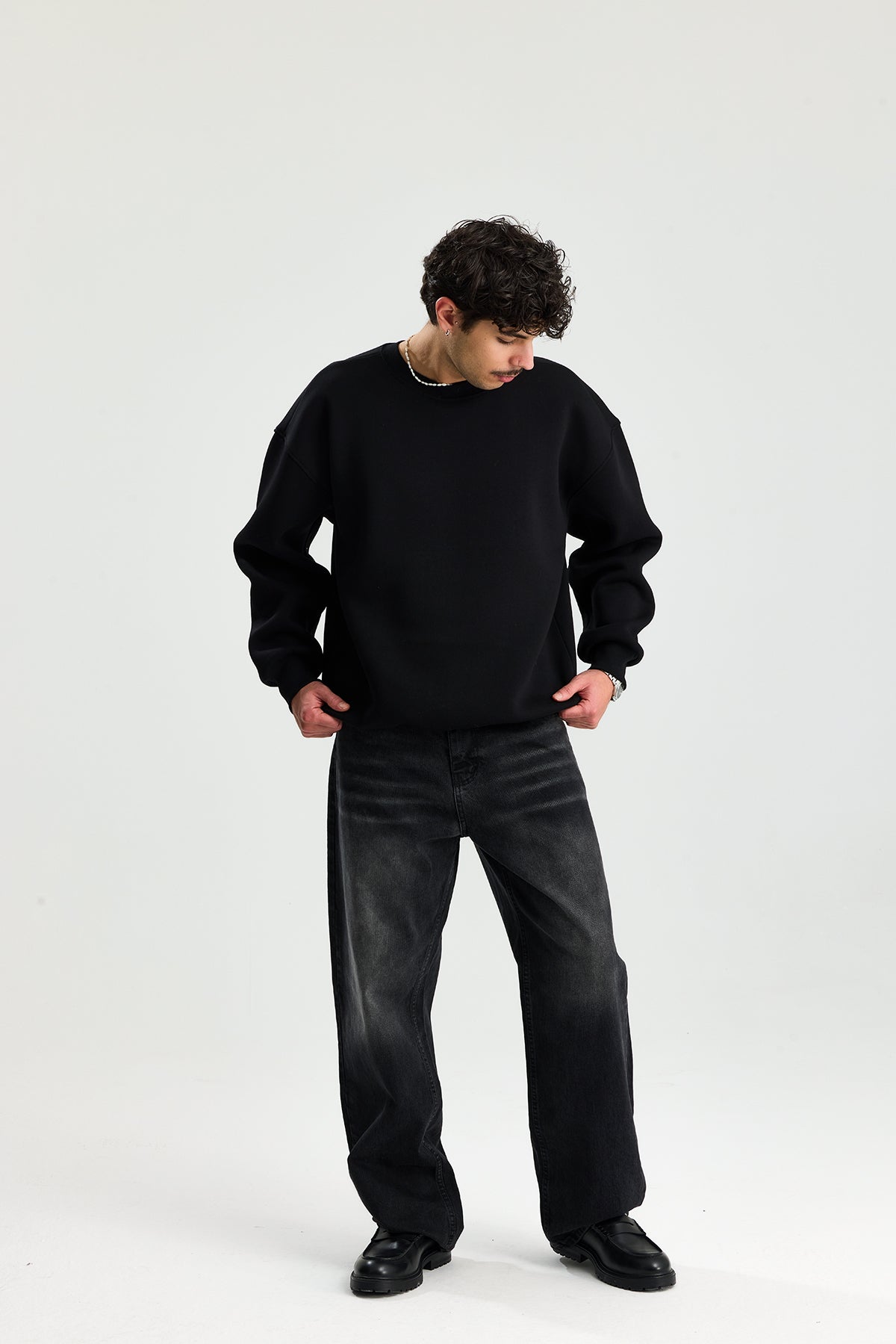 Basic Bisiklet Yaka Oversize Sweatshirt