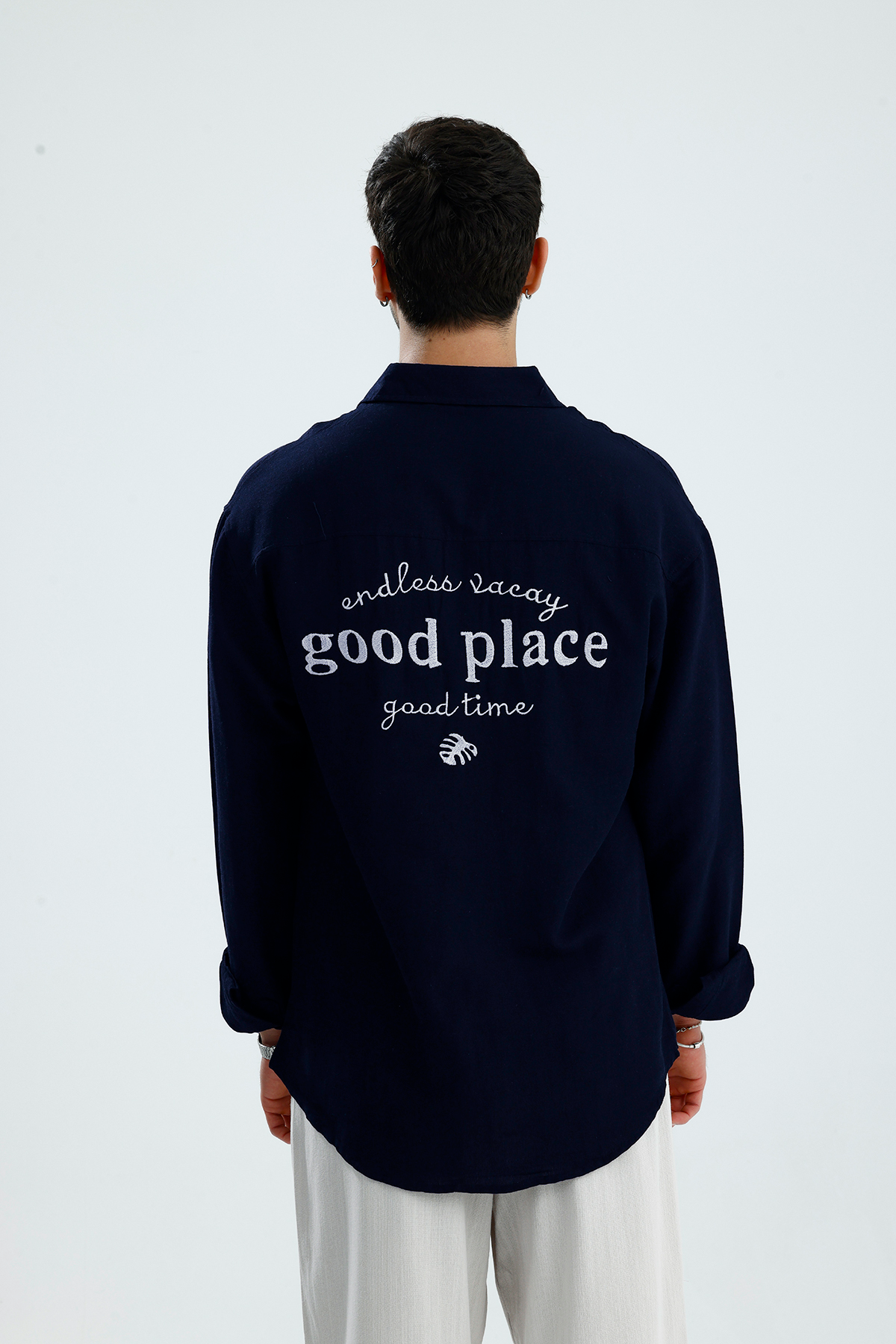"Good Place" Nakış Detay Premium Oversize Keten Gömlek