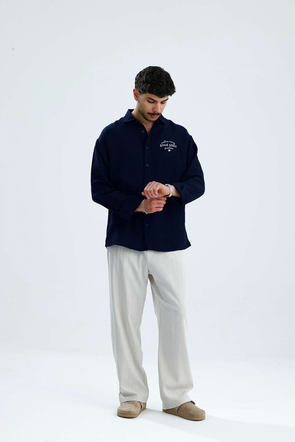 "Good Place" Nakış Detay Premium Oversize Keten Gömlek