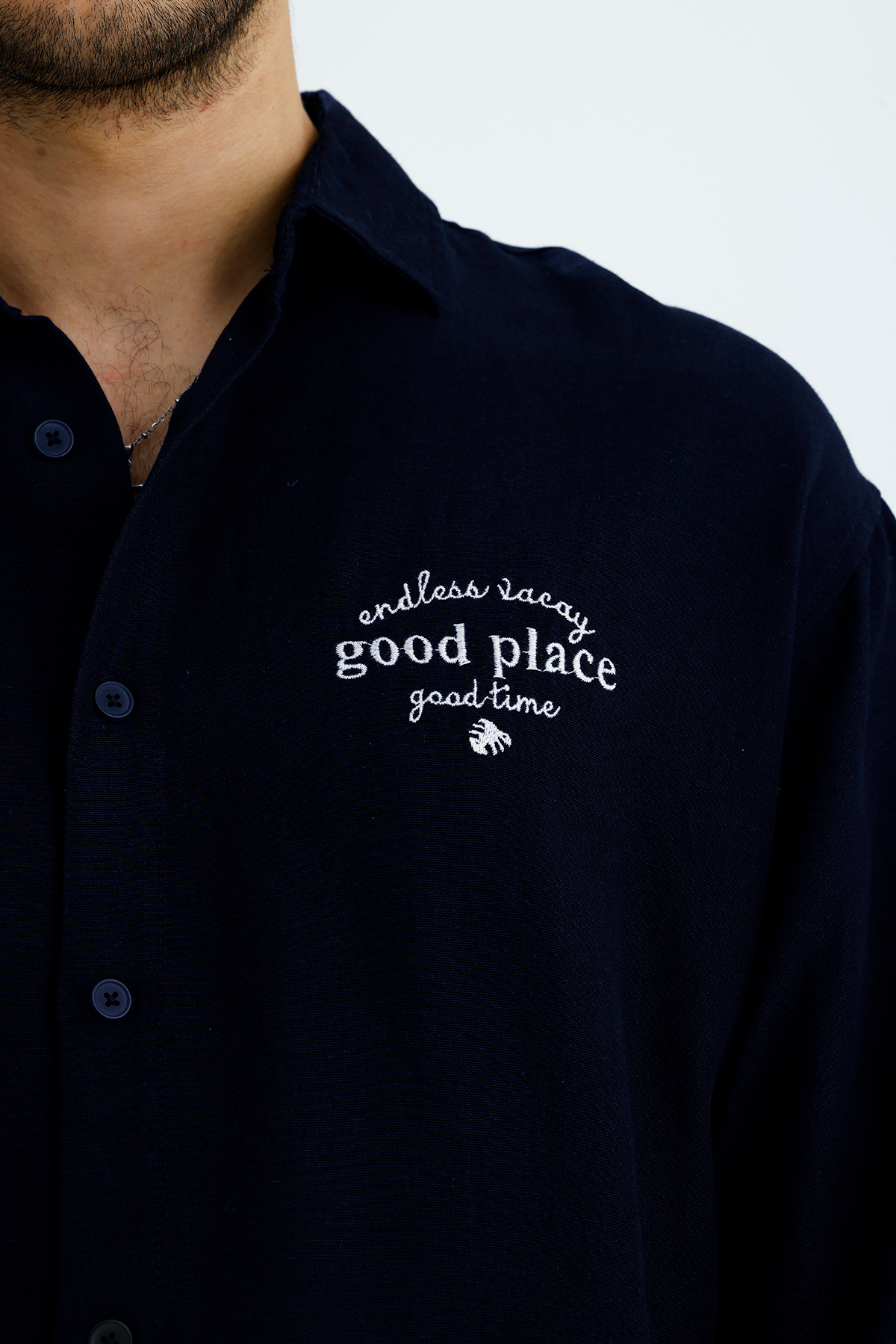 "Good Place" Nakış Detay Premium Oversize Keten Gömlek