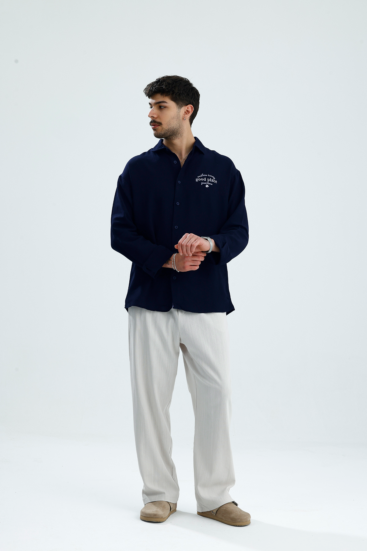 "Good Place" Nakış Detay Premium Oversize Keten Gömlek