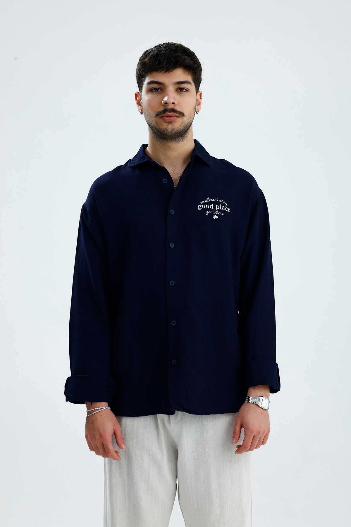 "Good Place" Nakış Detay Premium Oversize Keten Gömlek