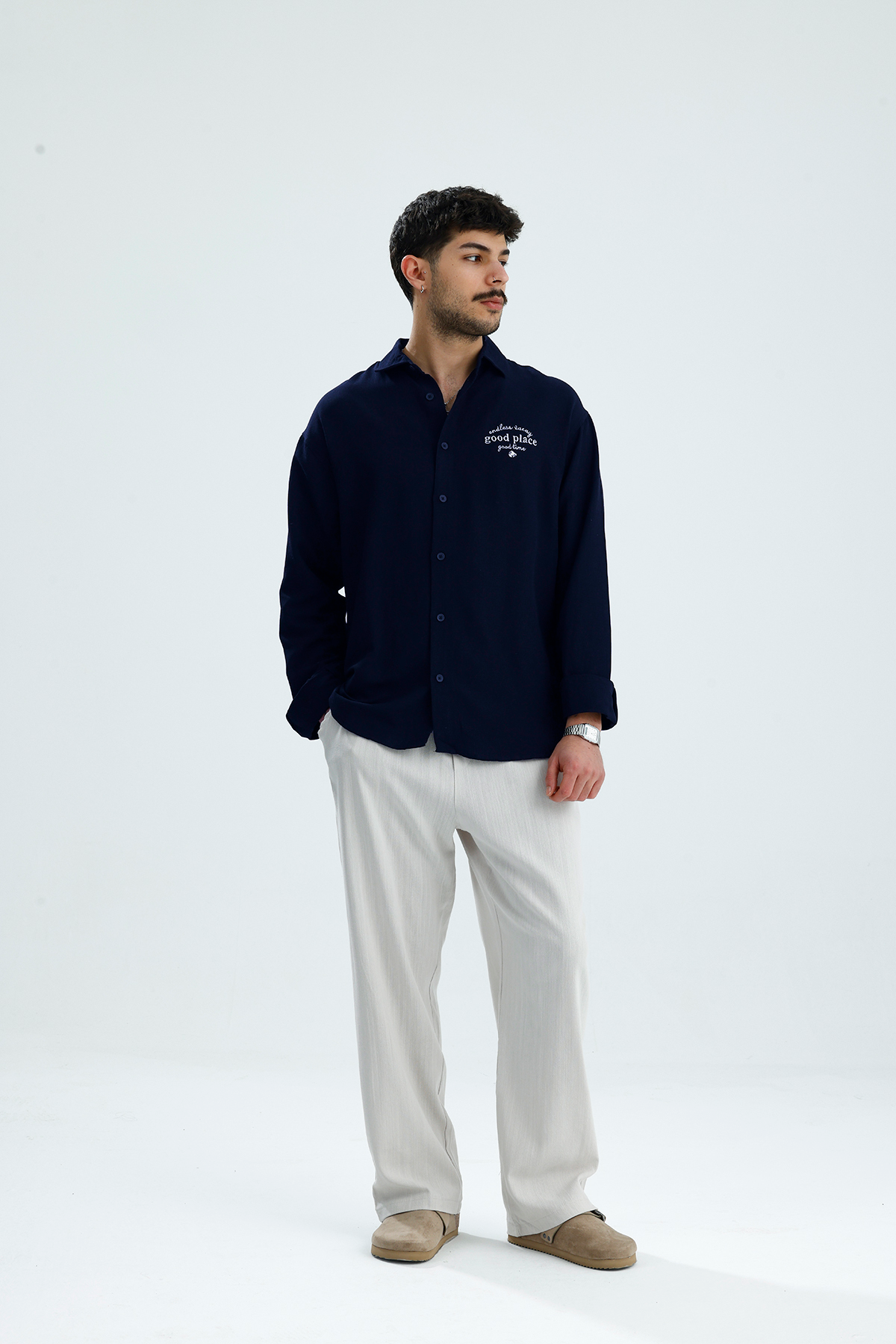 "Good Place" Nakış Detay Premium Oversize Keten Gömlek